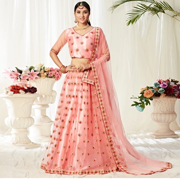 Majesty Peach Coloured Embroidered Heavy Net Lehenga Choli - Picture 3 of 3